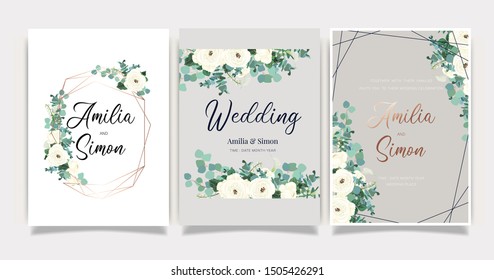 Wedding Invitation/ Greeting card , floral invite, Thank you, rsvp, Modern card design with  gold and flower line art, Vector illustration Template.
