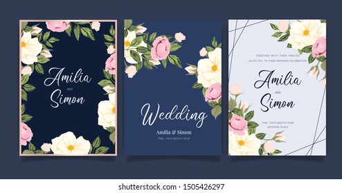 Wedding Invitation/ Greeting card , floral invite, Thank you, rsvp, Modern card design with  gold and flower line art, Vector illustration Template.