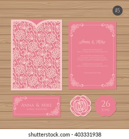 Wedding invitation or greeting card with floral ornament. Paper lace envelope template. Wedding invitation envelope mock-up for laser cutting. Vector illustration.