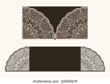 Wedding Invitation or greeting card with floral mandala. Layout congratulatory envelope with carved openwork pattern. Open card. Pattern suitable for laser cutting, plotter cutting or printing. Vector