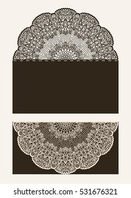 Wedding Invitation or greeting card with floral mandala. Layout congratulatory envelope with carved openwork pattern. Open card. Pattern suitable for laser cutting, plotter cutting or printing.Vector
