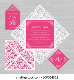 Wedding invitation or greeting card with floral ornament. Paper lace envelope template. Wedding invitation envelope mock-up for laser cutting. Vector illustration.