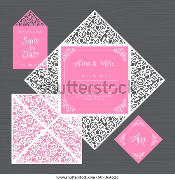 Wedding invitation or\
greeting card with floral ornament. Paper lace envelope template.\
Wedding invitation envelope mock-up for laser cutting. Vector\
illustration.