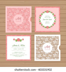 Wedding invitation or greeting card with flower ornament. Cut laser square envelope template. Wedding invitation envelope for laser cutting. Vector illustration.