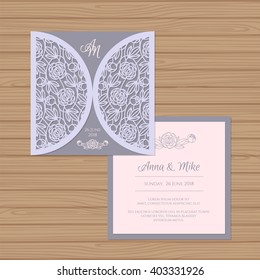 Wedding invitation or greeting card with flower ornament. Cut laser square envelope template. Wedding invitation envelope for laser cutting. Vector illustration.
