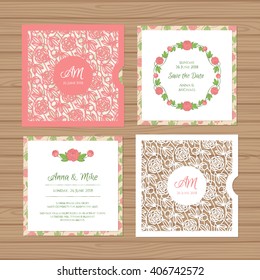 Wedding invitation or greeting card with flower ornament. Cut laser square envelope template. Wedding invitation envelope for laser cutting. Vector illustration.