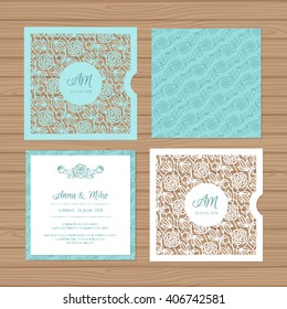 Wedding invitation or greeting card with flower ornament. Cut laser square envelope template. Wedding invitation envelope for laser cutting. Vector illustration.