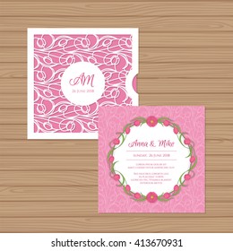 Wedding invitation or greeting card with flower ornament. Cut laser square envelope template. Wedding invitation envelope for laser cutting. Vector illustration.