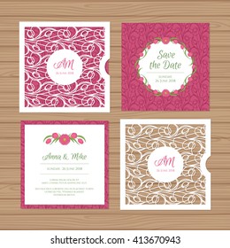 Wedding invitation or greeting card with flower ornament. Cut laser square envelope template. Wedding invitation envelope for laser cutting. Vector illustration.