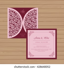 Wedding invitation or greeting card with flower ornament. Cut laser square envelope template. Wedding invitation envelope for laser cutting. Vector illustration.