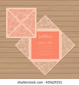 Wedding invitation or greeting card with flower ornament. Cut laser square envelope template. Wedding invitation envelope for laser cutting. Vector illustration.