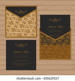 Wedding invitation or greeting card with flower ornament. Cut laser square envelope template. Wedding invitation envelope for laser cutting. Vector illustration.