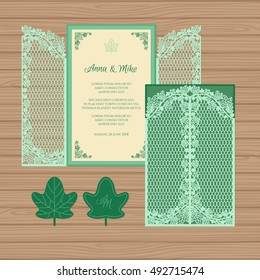 Wedding invitation or greeting card with gate and ivy. Paper lace envelope template. Mock-up for laser cutting. Vector illustration.