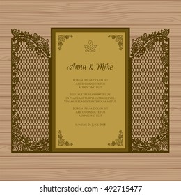 Wedding invitation or greeting card with the gate and ivy. Paper lace envelope template. Mock-up for laser cutting. Vector illustration.