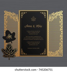 Wedding invitation or greeting card with the gate and ivy. Paper lace envelope template. Wedding invitation envelope mock-up for laser cutting. Vector illustration.