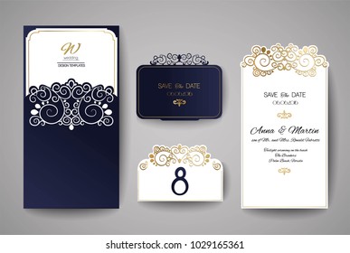 Wedding invitation or greeting card with gold floral ornament. Wedding invitation envelope for laser cutting.