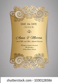 Invitación a la boda o tarjeta de bienvenida con adorno floral dorado. Sobre de invitación de matrimonio para corte láser.