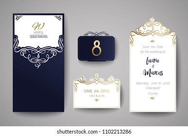 Wedding invitation or greeting card with gold floral ornament. Wedding invitation envelope for laser cutting. Vector illustration.