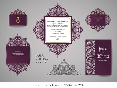 Wedding invitation or greeting card with gold floral ornament. Wedding invitation envelope for laser cutting. Vector illustration.