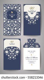 Wedding invitation or greeting card with gold floral ornament. Wedding invitation envelope for laser cutting. Vector illustration.