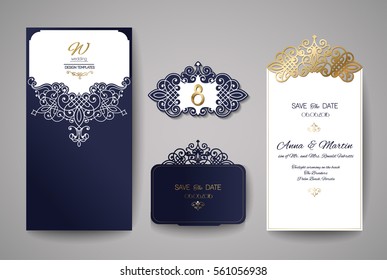 Wedding invitation or greeting card with gold floral ornament. Wedding invitation envelope for laser cutting. Vector illustration.