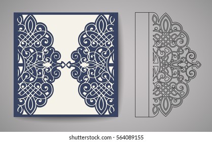Wedding invitation or greeting card with gold floral ornament. Wedding invitation envelope for laser cutting. Vector illustration.