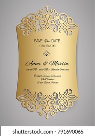 Wedding invitation or greeting card with gold floral ornament. Wedding invitation envelope for laser cutting.