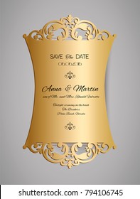 Wedding invitation or greeting card with gold floral ornament. Wedding invitation envelope for laser cutting.