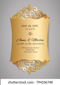 Wedding invitation or greeting card with gold floral ornament. Wedding invitation envelope for laser cutting.