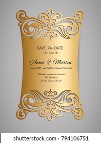 Wedding invitation or greeting card with gold floral ornament. Wedding invitation envelope for laser cutting.