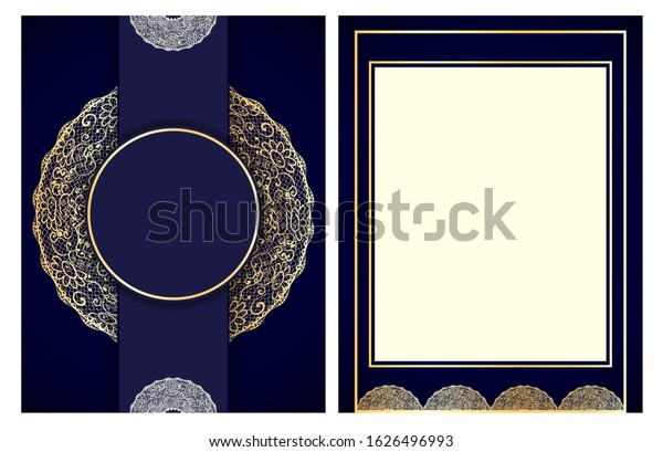 Wedding invitation or greeting card with gold\
vintage ornament. Lace envelope template. Wedding invitation\
envelope mock-up