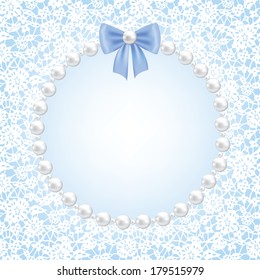 Wedding, invitation or greeting card with lace floral frame with pearls and bow