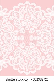 Wedding invitation or greeting card with lace frame on pink background