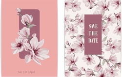 Wedding Invitation Or Greeting Card  With Magnolia Flowers Vector Elements
