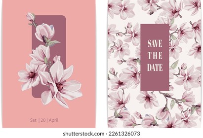 Wedding invitation or greeting card  with Magnolia flowers vector elements