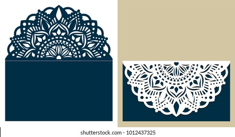 Wedding invitation or greeting card with mandala lace ornament. Die cut paper lace envelope. Wedding invitation envelope template for laser cutting. Islam, Arabic, Indian, ottoman motifs. Vector.