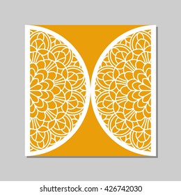 Wedding invitation or greeting card with mandala lace ornament. Die cut paper lace envelope template. Wedding invitation envelope template for laser cutting. Vector illustration.
