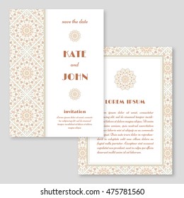 Wedding invitation, greeting card with mandala pattern. Save the date cards. Vintage oriental style. Vector illustration.