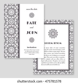 Wedding invitation, greeting card with mandala pattern. Save the date cards. Vintage oriental style. Vector illustration.