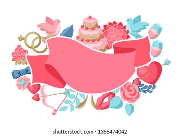 Wedding invitation or greeting card. Marriage background with romantic items.