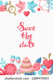 Wedding invitation or greeting card. Marriage background with romantic items.