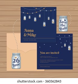 Wedding invitation or greeting card with mason jars. Vector illustration.