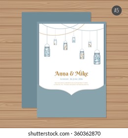 Wedding invitation or greeting card with mason jar. Vector illustration.