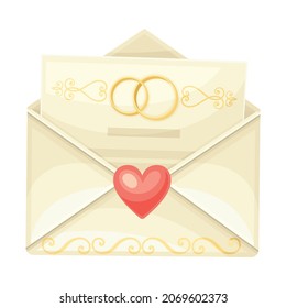 Wedding Invitation or Greeting Card in Open Envelope Closeup Vector Illustration