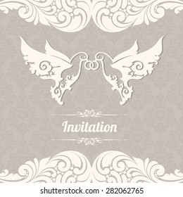 Wedding invitation greeting card Ornamental vintage template design with pattern and couple decorative birds with rings