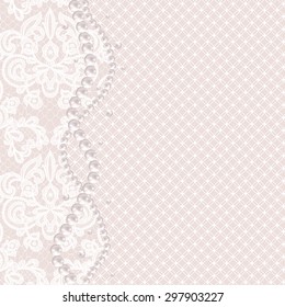 Wedding invitation or greeting card with pearl necklace on lace background