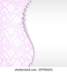 Wedding invitation or greeting card with pearl necklace on lace background