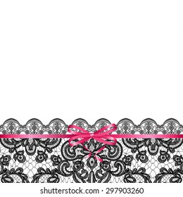 Wedding invitation or greeting card with pink bow on lace background