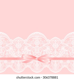 Wedding invitation or greeting card with pink bow on lace background