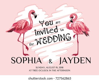 Wedding invitation, greeting card with pink flamingos. Vector illustration of love birds